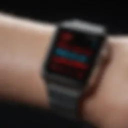 Close-up view of an Apple Watch displaying blood pressure readings on its screen.