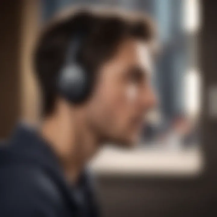 User enjoying music with in-ear headphones in a stylish environment.