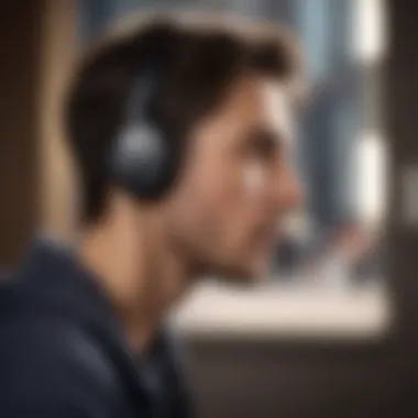 User Experience with In-Ear Headphones User enjoying music with in-ear headphones in a stylish environment.