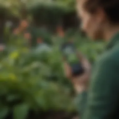 A user interacting with a plant identification app on a smartphone in a garden