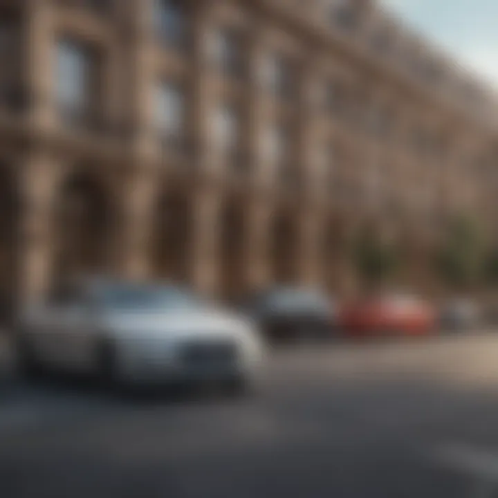 Luxury car rental parked in front of a modern hotel