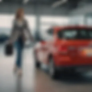 Woman with suitcase entering a rental car at the airport