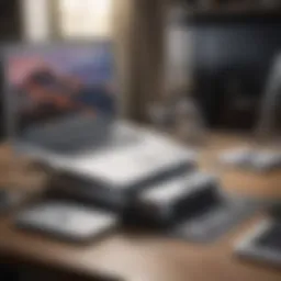A sleek MacBook Air next to a modern printer scanner setup