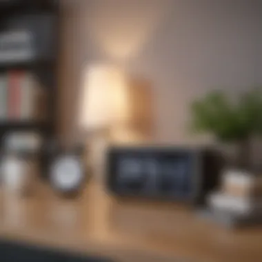 Organized Workspace with Alarm Clock App An organized workspace with an alarm clock app displayed