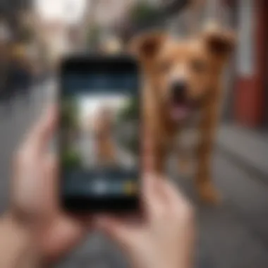 A pet owner using an iPhone to locate their pet in real-time.