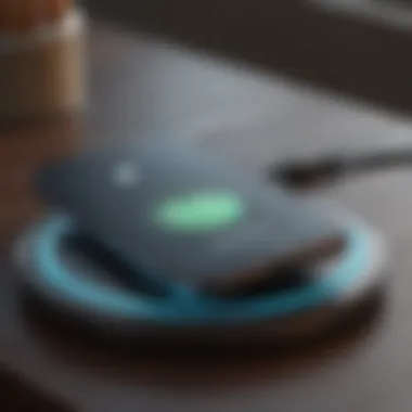 Close-up of a wireless charging pad in action with an iPhone 12