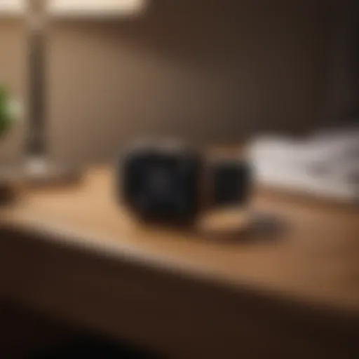 A close-up of an Apple Watch on a bedside table at night