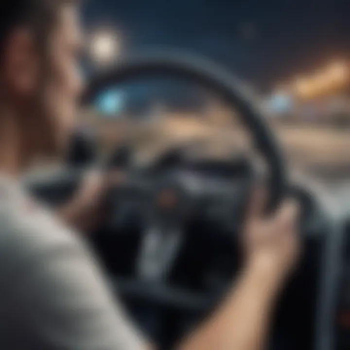 Close-up of intense driver focused on steering wheel during a race