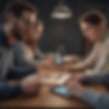 Social Interaction Through Word Games A group of diverse individuals enjoying word games on devices