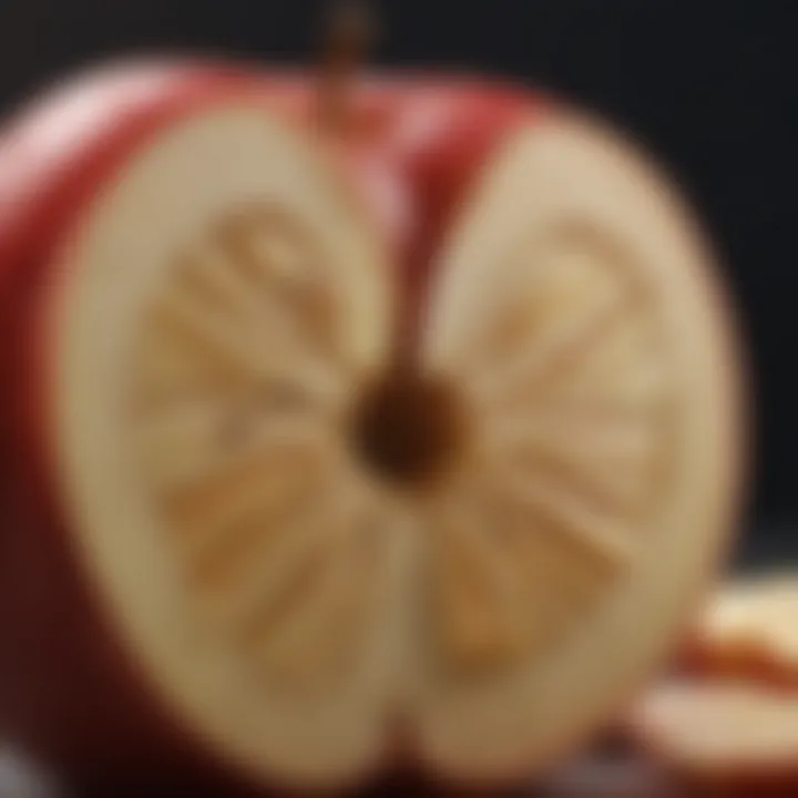 An artistic depiction of a sliced apple, revealing its inner structure and seeds