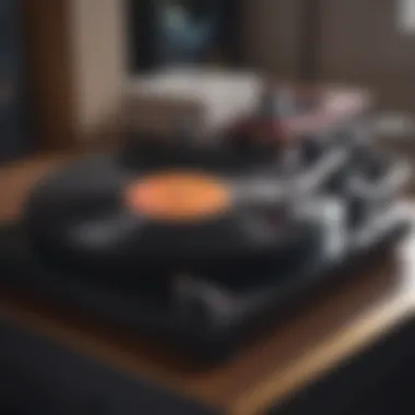 Close-up of vinyl record spinning on a Bluetooth player, highlighting sound quality.