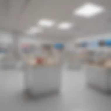 Interior layout of the Apple Store featuring product displays and tech areas