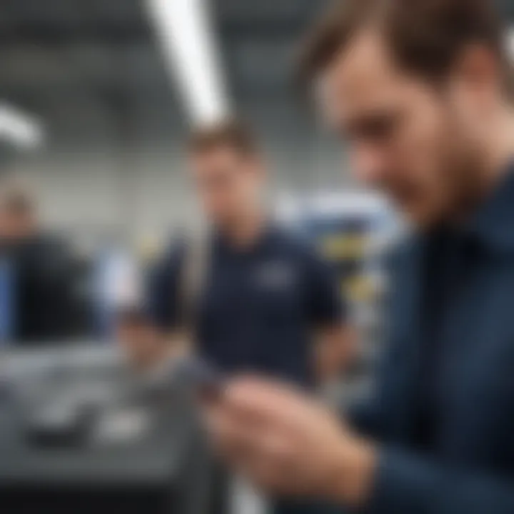 A consumer examining a smartphone ready for trade-in at Best Buy.