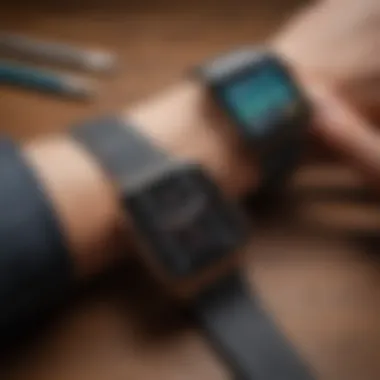 Apple Watch placed next to a wrist measuring tool for comparison