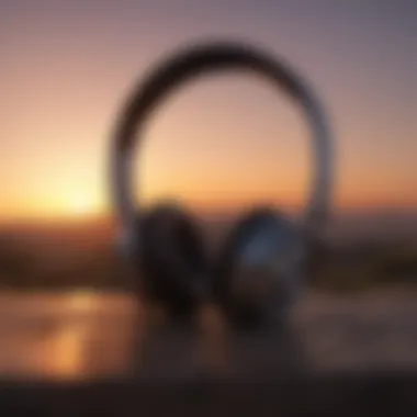 Minimalist headphones silhouette against a sunset sky