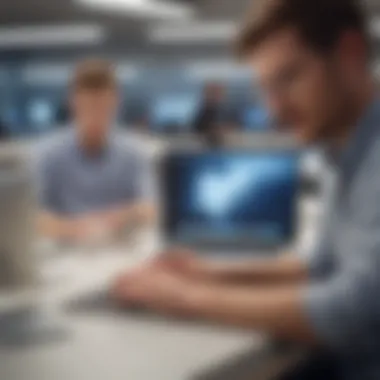An Apple Store representative assessing a MacBook's condition