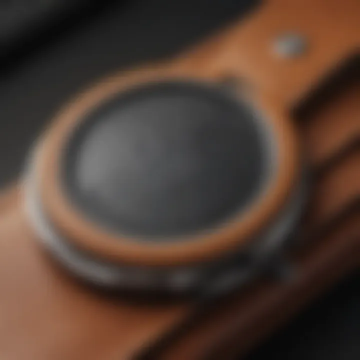 Close-up view of the Nomad AirTag case highlighting its premium leather texture