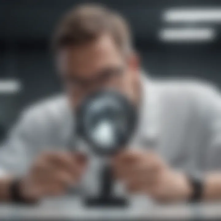 Apple technician examining device under magnifying glass