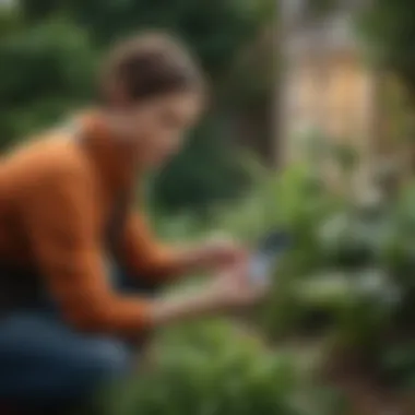 A user interacting with a mobile app designed for plant identification in a garden setting.