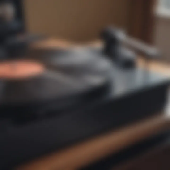 Close-up of vinyl record spinning on turntable