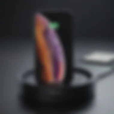 iPhone on High-Performance Charger An Apple iPhone charging on a high-performance wireless charger