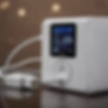 Close-up view of an iPod connected to a charger station