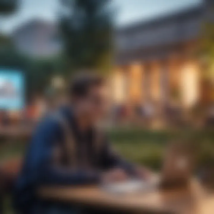 Student studying with a MacBook in a vibrant campus environment