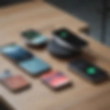 An assortment of fast wireless chargers compatible with iPhones arranged on a surface.