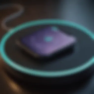 Close-up of a wireless charger indicating charging status with LED lights.